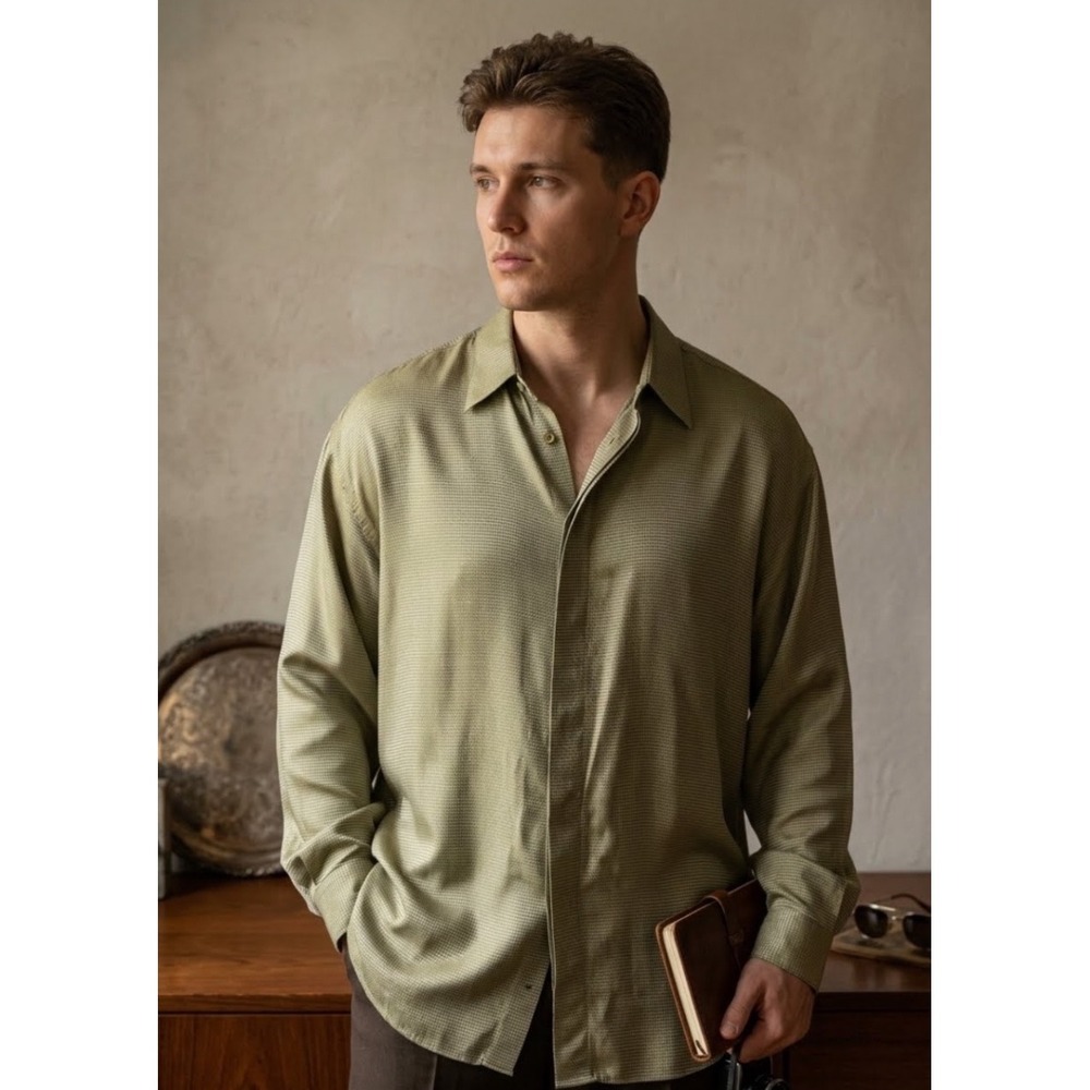 Vintage Gianni Versace Couture Silk Blend Shirt Olive Gold 90s Made in Italy XL
